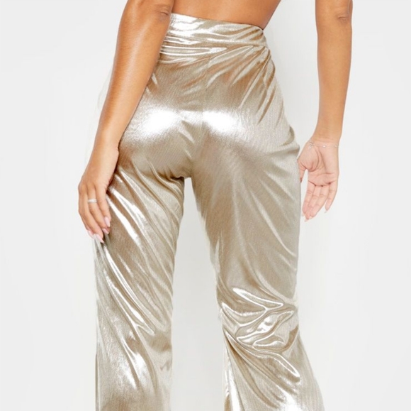 NWT Pretty Little Thing Gold Silver Flares US 10 - Picture 2 of 7